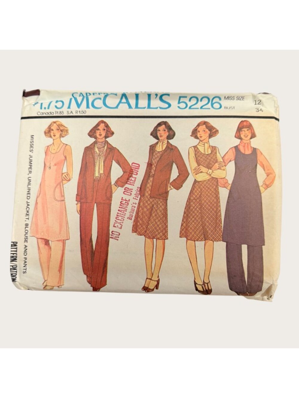 Vintage 1970s McCalls Sewing Pattern 5226 Misses Jacket Blouse Pants Size 12